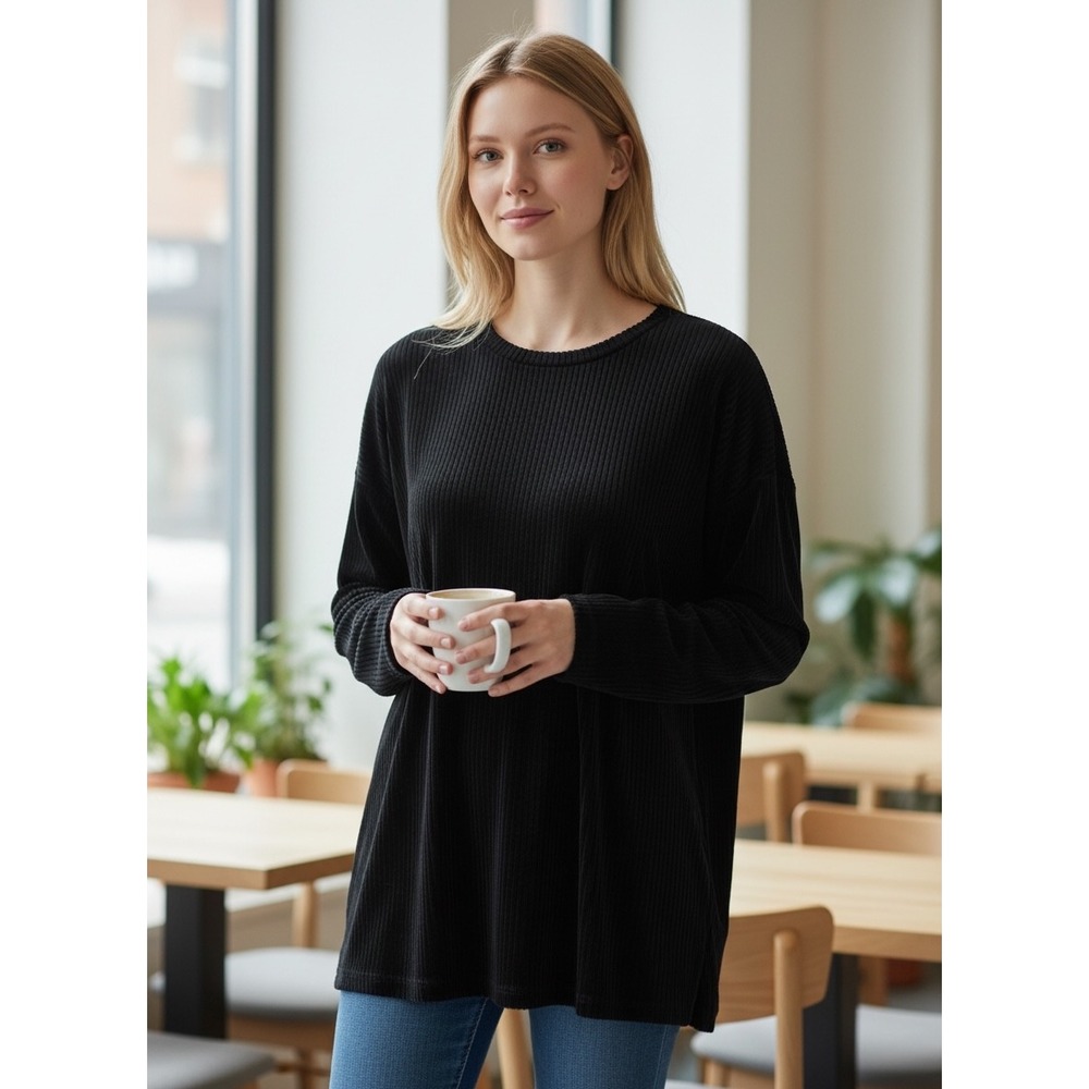 Chava Womens Medium Navy Blue Ribbed Chenille Long Sleeve Crew Neck Top Slit Hem